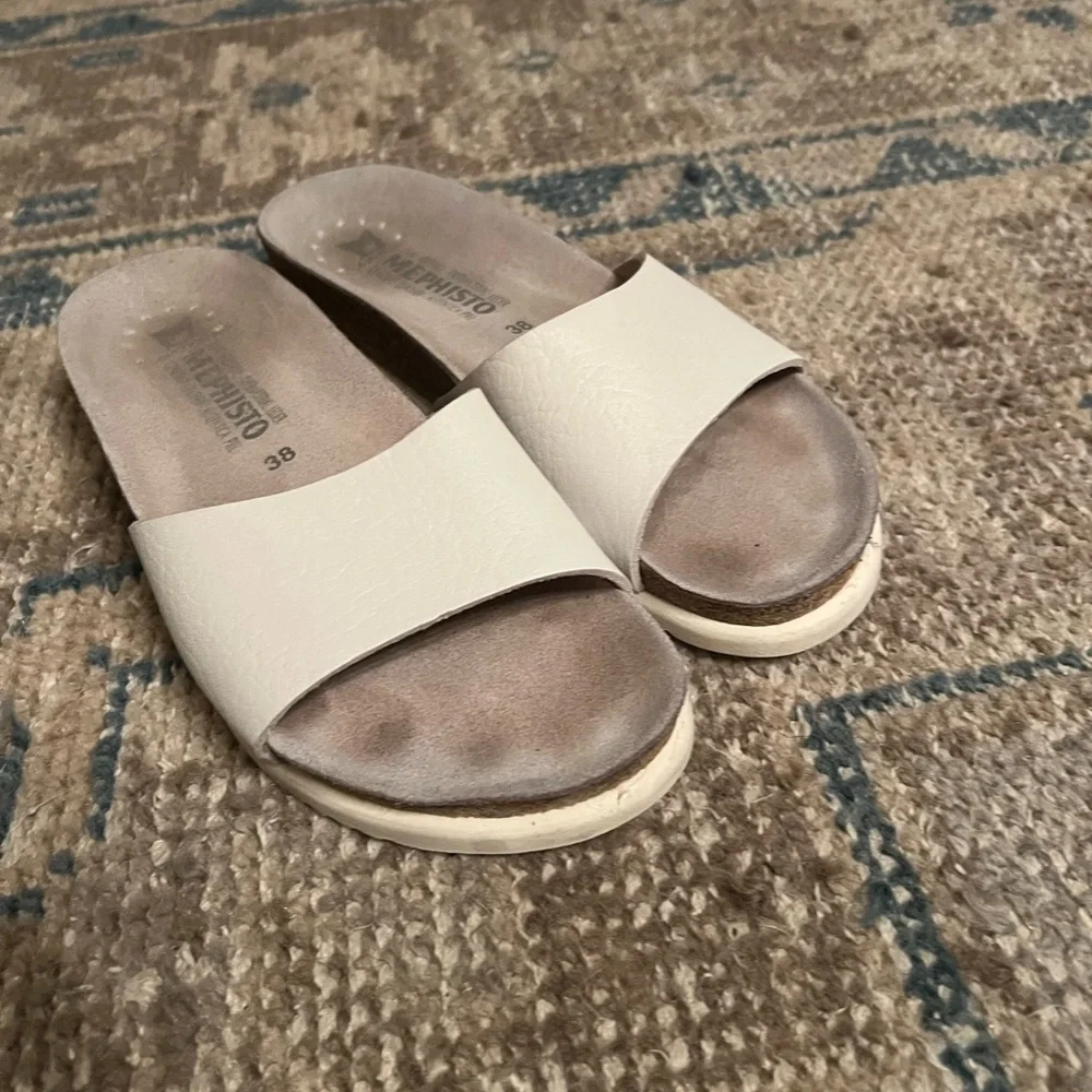 Mephisto White Leather Cork Footbed Slide Sandals Womens 38 Comfort Shoes - Picture 2 of 6